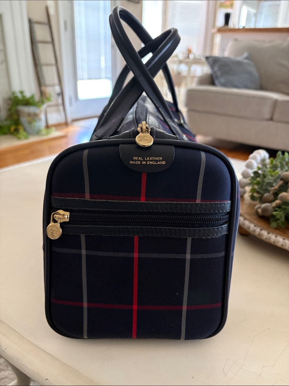 Vintage Burberry’s Navy Plaid Satchel with Burberry’s Scarf Accent-London - Picture 3 of 15